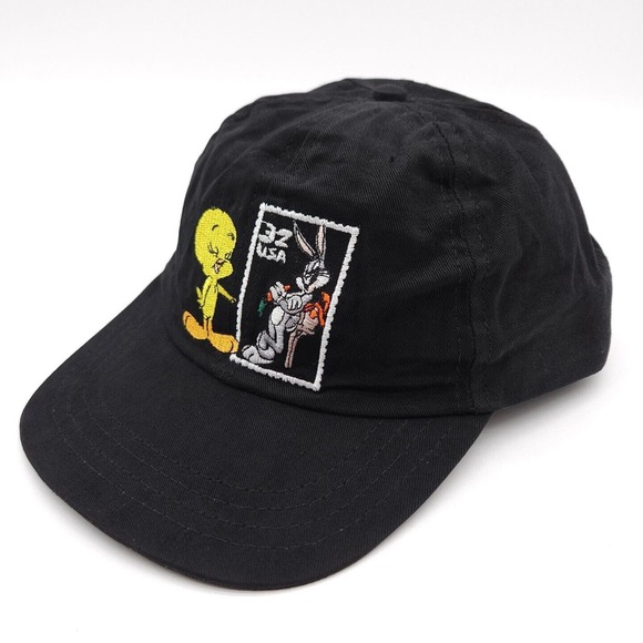 VTG Looney‎ Tunes Snapback Hat Black Stamp Collection Bugs Bunny Tweety Bird Cap - Picture 1 of 8